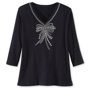 Lucky Brand Black Long Sleeve V-Neck Top with Silver Rhinestone Bow Detail